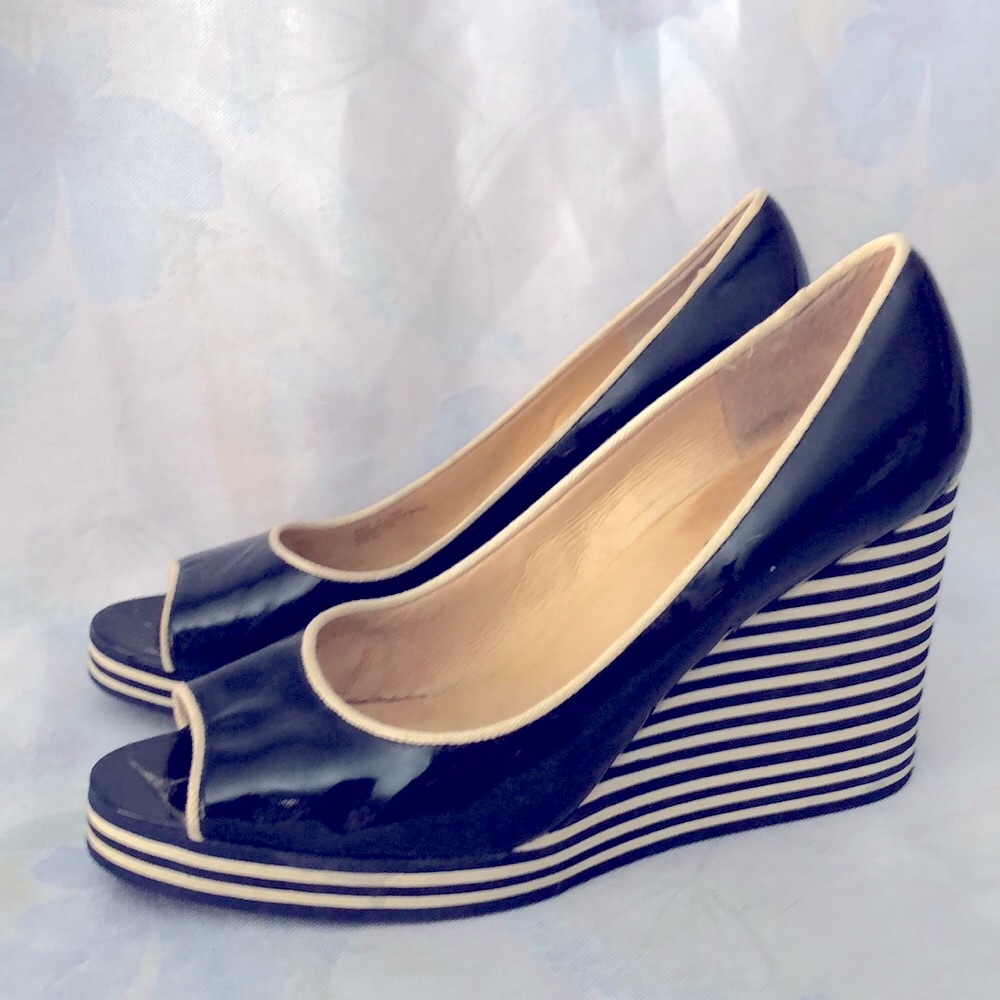 MICHAEL KORS Navy striped wedge peep toe shoes